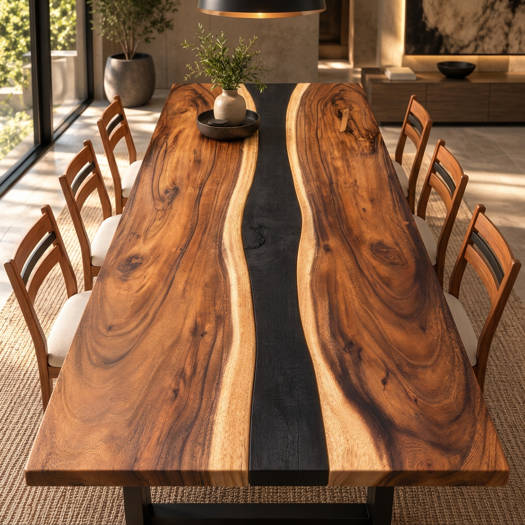 Fire & Grain — Albizia dining table with a charred-wood centre