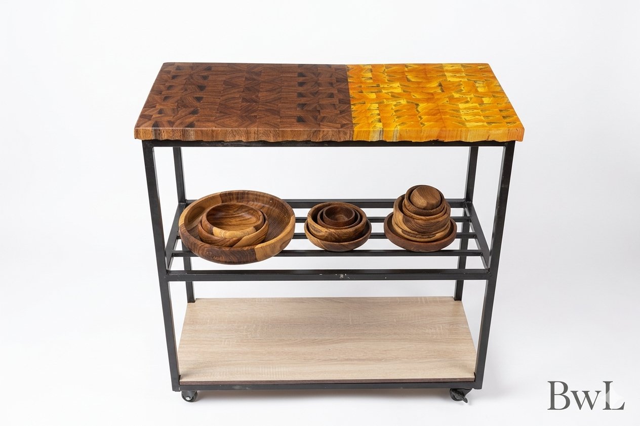 End-Grain Island — Black metal frame · Multi-level storage