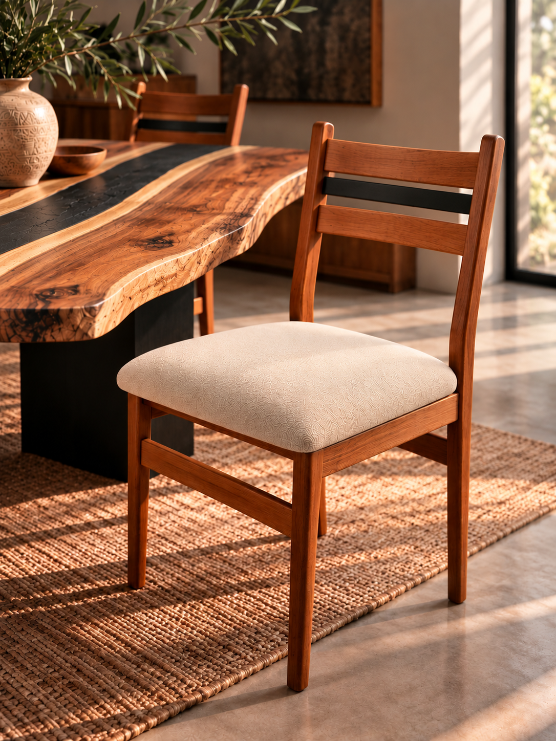 Fire & Grain Chair — A curved ladder-back dining chair with an upholstered seat.