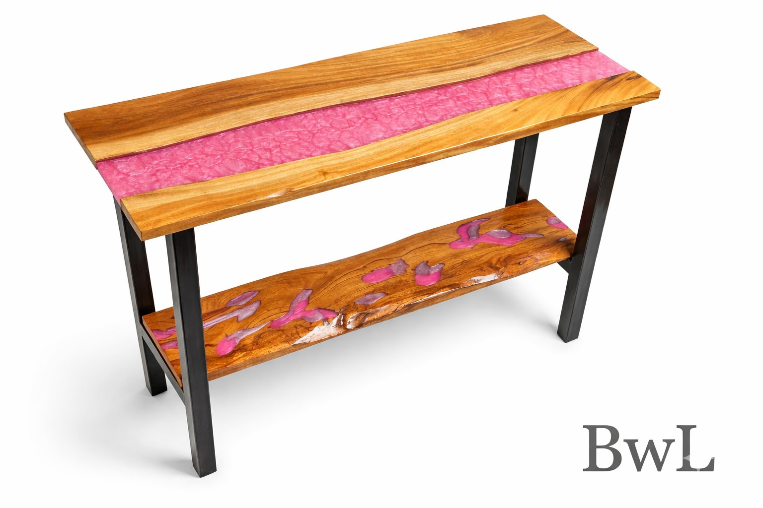 Epoxy Console — A live-edge console with a pink resin river on a black metal frame.